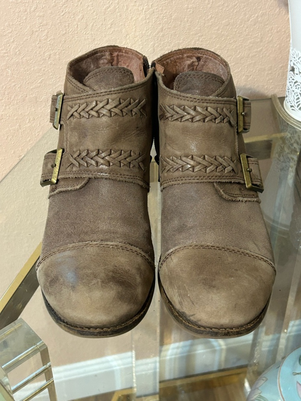 Lucky Brand Taupe Leather Double-Buckle Monk Strap Ankle Booties Size 8.5 - Picture 3 of 16